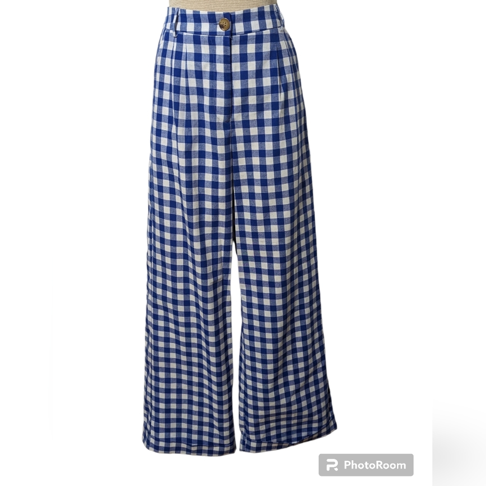 Nasty Gal Collection Blue White Checked High Rise Wide Leg Pleated Pants Size 6